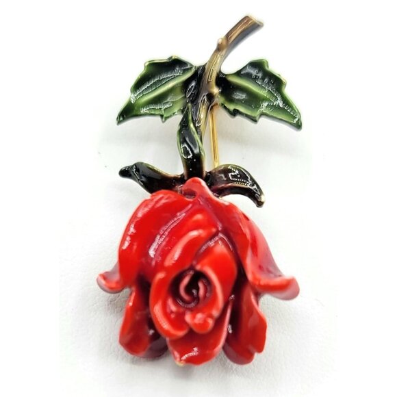 HAR Red Rose Enamel Brooch Signed - Picture 2 of 6